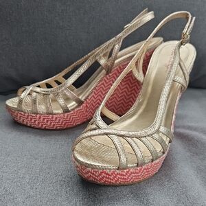 Lilly Pulitzer Metallic Gold and Coral  Wedge Sandals Retro Mod Boho Glamour